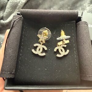 CHANEL Gold and Silver Logo Stud Earrings